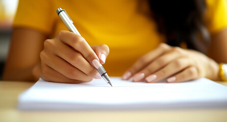 Close-up of a woman's hand writing on white paper with a pen. The focus is on the hands