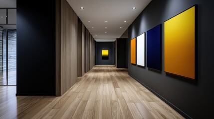 Poster - A hallway with a series of paintings on the wall
