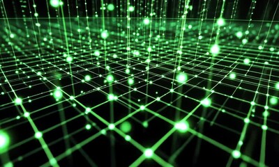 Poster - Abstract Green Grid Network Digital Art: Glowing Nodes and Lines in a 3D Space