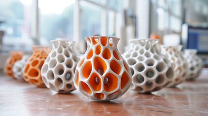Poster - Unique ceramic vases with intricate designs showcase craftsmanship in a bright studio setting