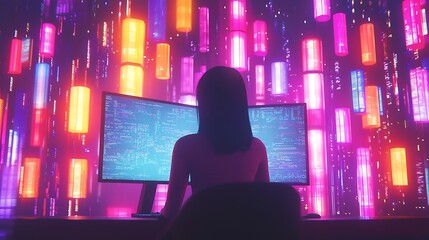 Poster - Woman Codes in Neon Lit Room with Colorful Lights