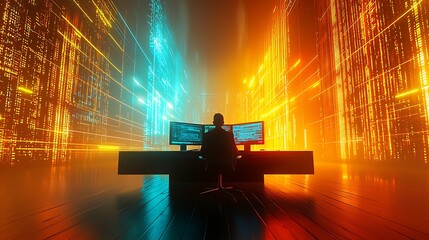 Poster - Coder Working Amidst Vibrant Digital Data Streams