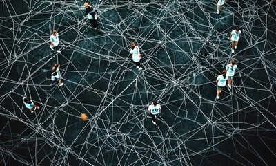 Poster - Aerial View of People Navigating a Complex Network of Interconnected Strings,  Conceptual Art Installation