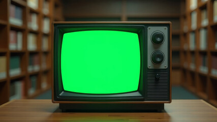 old green screen tv in library