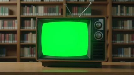 old green screen tv in library