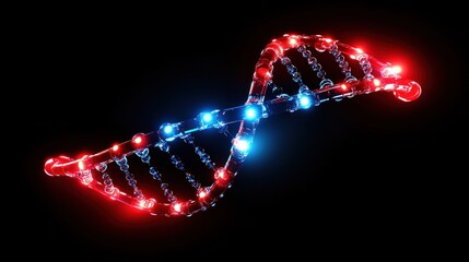 Glowing red and blue DNA helix against black background.
