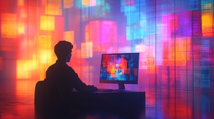 Aufkleber - Silhouetted Person Working at Computer in Vibrant Room