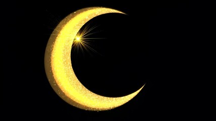 Poster - Video with glitter crescent with shiny color sparkle design element with glitter effect on black backdrop. Gold shine texture. Design concept party or celebration on black background.