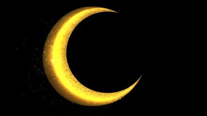 Poster - Video with glitter crescent with shiny color sparkle design element with glitter effect on black backdrop. Gold shine texture. Design concept party or celebration on black background.