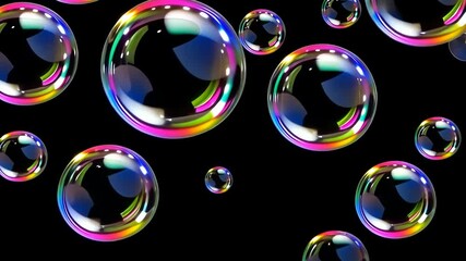 Poster - Video with abstract background with realistic transparent colorful soap bubbles with rainbow reflection. Backdrop with bubble blower.