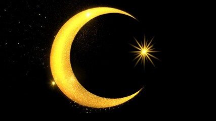 Poster - Video with glitter crescent with shiny color sparkle design element with glitter effect on black backdrop. Gold shine texture. Design concept party or celebration on black background.