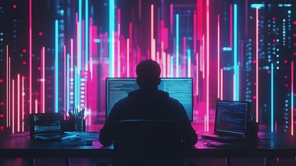 Poster - Hacker Silhouetted Against Neon Coding Background