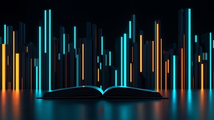 Wall Mural - Open book glowing with neon light columns.