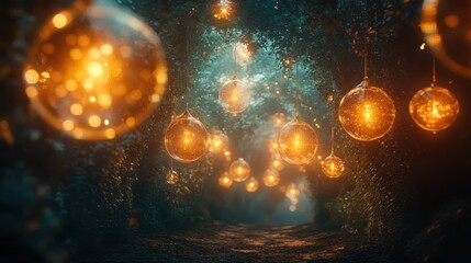 Wall Mural - Glowing orbs of light floating in a darkened space, creating a magical and ethereal atmosphere.