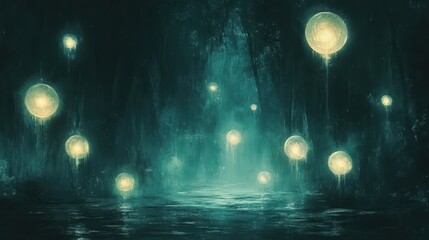 Glowing orbs of light floating in a darkened space, creating a magical and ethereal atmosphere.
