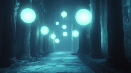 Wall Mural - Glowing orbs of light floating in a darkened space, creating a magical and ethereal atmosphere.