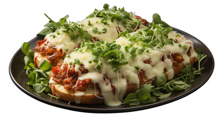 Poster - Classic chicken parmigiana featuring breaded chicken topped with cheese and sauce, served on a plate, studio view, isolated on transparent background.