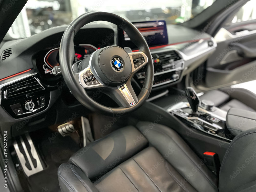 BMW X5, G30, luxury car interior, steering wheel, dashboard. Vehicle ...