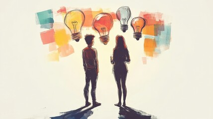 a man and a woman are standing under lightbulbs