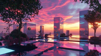 Wall Mural - Metaverse open house at sunset