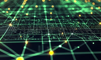 Poster - Abstract Digital Network Visualization Green and Orange Nodes Connected by Lines Futuristic Technology Background