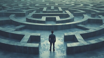 determined man facing infinite maze of riddles under vibrant sky picture