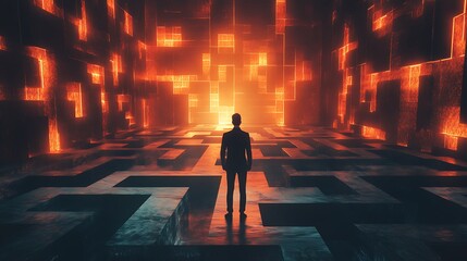 Determined man standing boldly before intricate giant maze entrance image