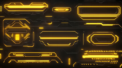 Poster - Live stream interface elements, overlay frames and buttons with yellow neon glow. Vector cartoon template of game streaming panels and bars in futuristic style isolated on black background