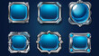 © Cavad - Blue buttons with silver decorative frames for rpg game interface. Vector cartoon set of square award badges, glossy achievement labels with fantasy metal borders isolated on background