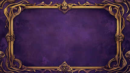 Poster - Purple fantasy deco frame for ui game interface. Gold line border with luxury medieval ornament. Magic title element. Vintage ux box for royal design. Premium islamic square with thin golden texture
