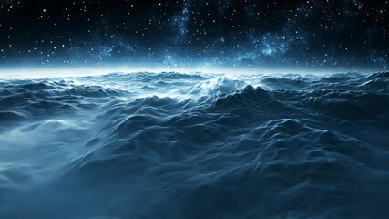 Wall Mural - Waves of luminous clouds under a starry sky create a surreal cosmic landscape at night