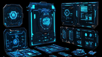 Poster - Hud frames set for computer game ui isolated on black background. Vector realistic illustration of neon blue borders, futuristic scifi interface design elements, gaming menu box, abstract circuit chip