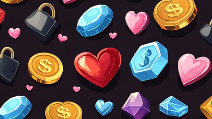 Poster - Game ui icons and interface design elements. Cartoon vector play button, bar with golden coin and blue diamond showing number of points, items to collect - heart and money, gemstone and lock.
