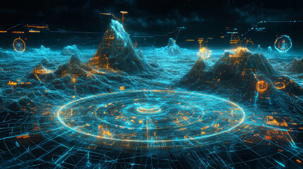 Poster - 3d wireframe mountain map with tech grid vector. Abstract topography landscape with neon frame and eclipse glow concept. Geometric and futuristic cyber mesh design. Hud terrain illustration