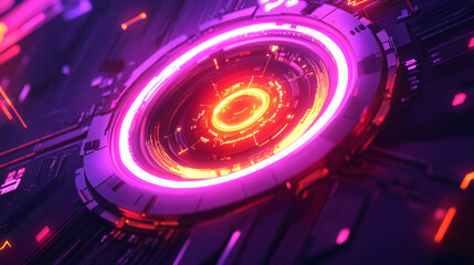Fototapete - Abstract technology eye with a circle Power button with neon elements and circuit wires in electric blue. AI concept. Tech vision background. AI chip or abstract semiconductor bg. Vector illustration.