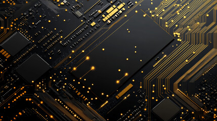 Poster - Abstract technology background. Gold circuit lines and connected dots on dark tech bg. Futuristic electronics concept. AI chip or semiconductor on a computer motherboard. Digital vector illustration.