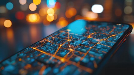Poster - Smartphone displaying a city map with illuminated streets at night