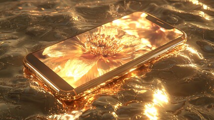 Poster - Golden Smartphone Displays A Luminous Golden Flower