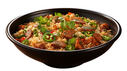 Poster - Savory jambalaya rice featuring bold Cajun spices and fresh ingredients, studio view, isolated on transparent background.