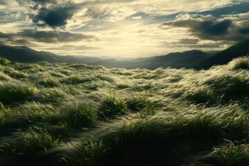 Poster - A serene scene featuring a lush green field against the majestic backdrop of mountains