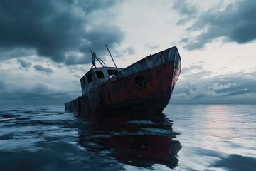 Poster - A lone boat floats on calm waters, surrounded by clouds