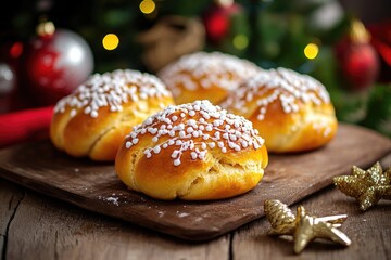 Poster - Freshly baked buns on a rustic wooden cutting board, perfect for display or serving