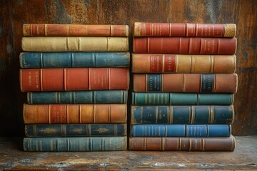 Poster - A wooden table with stacks of books, great for studying or displaying your favorite literature