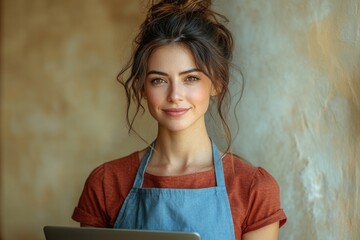 Wall Mural - A woman in an apron holds a laptop, perfect for remote work or education