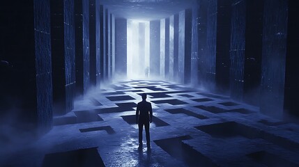 Fearless man standing before complex maze with endless winding paths image