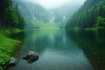 Poster - A serene lake surrounded by lush greenery and towering trees