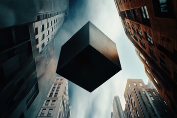 Poster - A cube sits on a city street surrounded by tall buildings and urban infrastructure