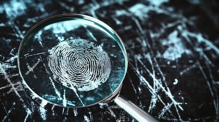 Poster - A close-up of a magnifying glass with a clear fingerprint on the lens, used for forensic analysis and detective work