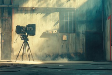 Poster - A camera set up on a tripod in front of a building, ready to capture the scene
