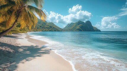 Poster - A serene scene featuring a vast sandy beach with a majestic mountain in the background, perfect for use in travel or nature-themed projects